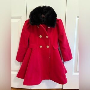 Rothschild Vibrant Red Pea Coat with Luxurious Black Fur Collar